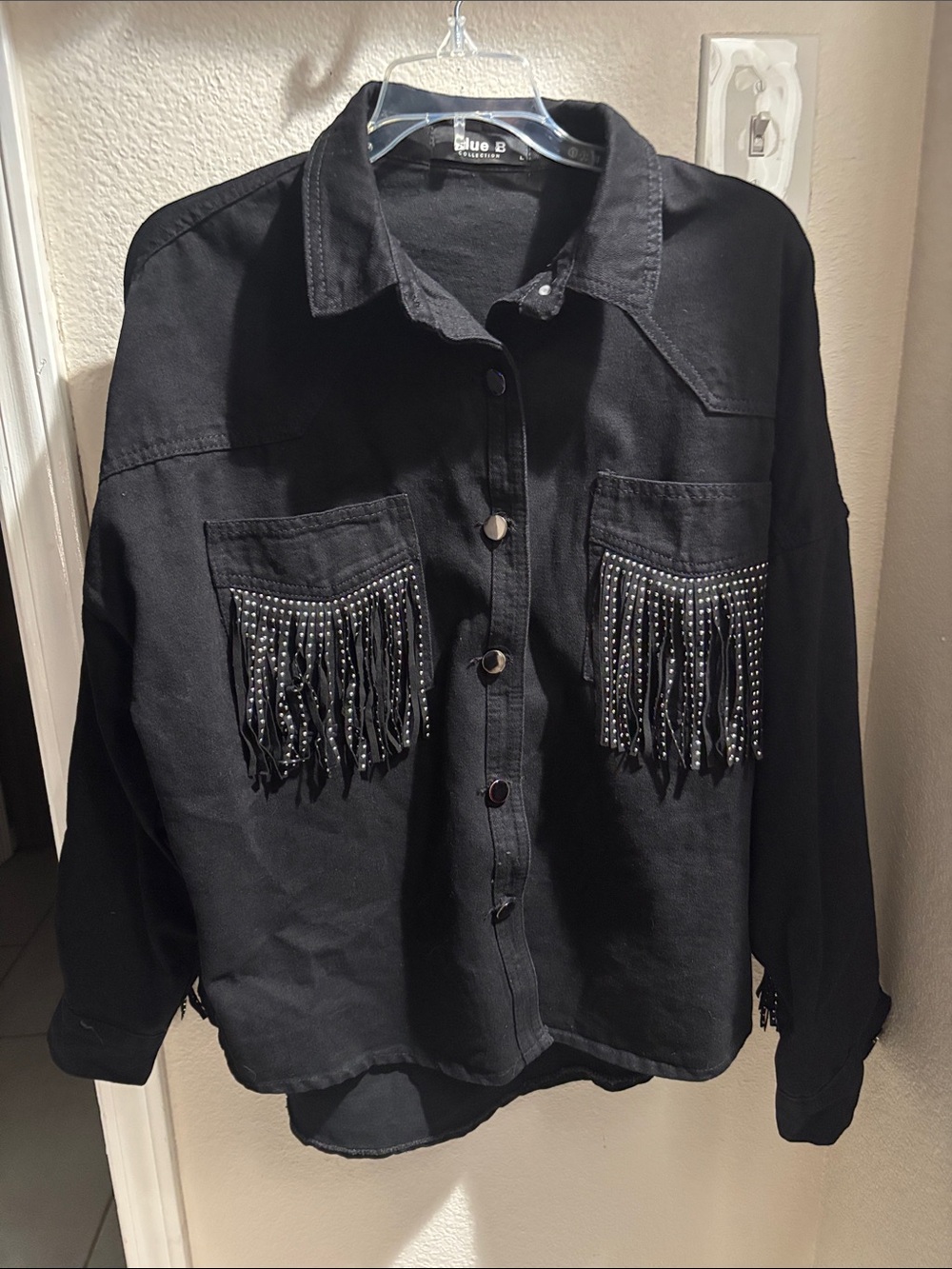 Blue B Collection Black Fringe Stud Pocket Button-Up Jacket L